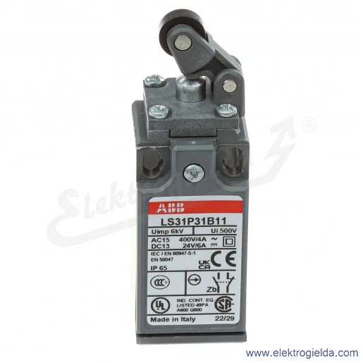 Wyłącznik krańcowy 1SBV010131R1211, LS31P31B11, 1NO1NC, 10A, z tworzywa, dźwignia z rolką 12.5mm Wyłącznik krańcowy 1SBV010131R1211, LS31P31B11, 1NO1NC, 10A, z tworzywa, dźwignia z rolką 12.5mm