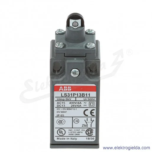 Wyłącznik krańcowy plastikowy 1SBV010113R1211, LS31P13B11, 1NO1NC, rolka 11mm, 250VDC, 400VAC, PG11 Wyłącznik krańcowy plastikowy 1SBV010113R1211, LS31P13B11, 1NO1NC, rolka 11mm, 250VDC, 400VAC, PG11