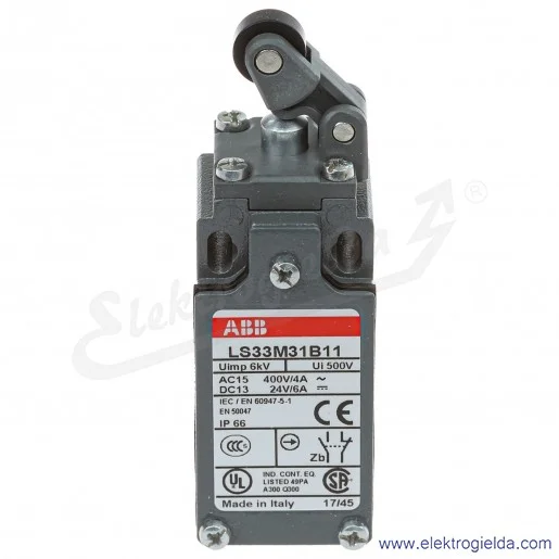 Wyłącznik krańcowy 1SBV013831R1211, LS33M31B11, 1NO1NC, 10A, dźwignia z rolką 12.5mm, metalowy Wyłącznik krańcowy 1SBV013831R1211, LS33M31B11, 1NO1NC, 10A, dźwignia z rolką 12.5mm, metalowy