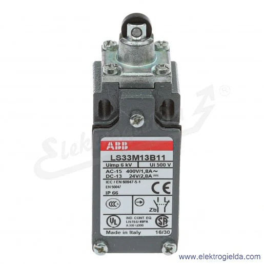 Wyłącznik krańcowy 1SBV013813R1211, LS33M13B11, 1NO1NC, 10A, trzpień z rolką 11mm, z tworzywa Wyłącznik krańcowy 1SBV013813R1211, LS33M13B11, 1NO1NC, 10A, trzpień z rolką 11mm, z tworzywa