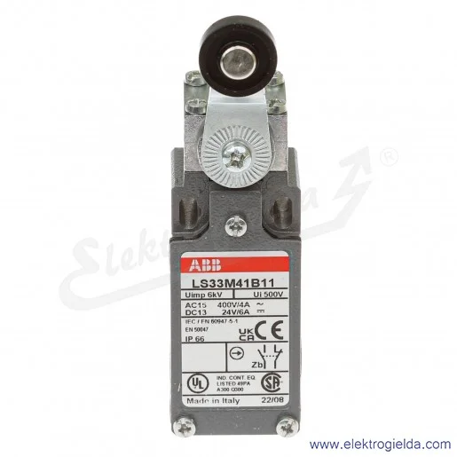 Wyłącznik krańcowy 1SBV013841R1211, LS33M41B11, 1NO1NC, 10A, dźwignia z rolką 18mm, metalowy Wyłącznik krańcowy 1SBV013841R1211, LS33M41B11, 1NO1NC, 10A, dźwignia z rolką 18mm, metalowy