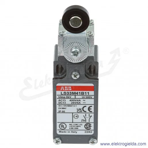 Wyłącznik krańcowy 1SBV013841R1211, LS33M41B11, 1NO1NC, 10A, dźwignia z rolką 18mm, metalowy Wyłącznik krańcowy 1SBV013841R1211, LS33M41B11, 1NO1NC, 10A, dźwignia z rolką 18mm, metalowy