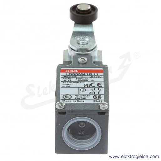 Wyłącznik krańcowy 1SBV013841R1211, LS33M41B11, 1NO1NC, 10A, dźwignia z rolką 18mm, metalowy Wyłącznik krańcowy 1SBV013841R1211, LS33M41B11, 1NO1NC, 10A, dźwignia z rolką 18mm, metalowy