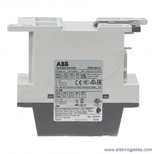 Softstart 1SFA896103R7000, PSR3-600-70, 1.5KW, 208..600VAC, 3.9A, montaż DIN Softstart 1SFA896103R7000, PSR3-600-70, 1.5KW, 208..600VAC, 3.9A, montaż DIN