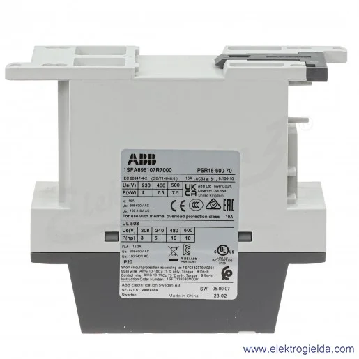 Softstart 1SFA896107R7000, PSR16-600-70, 7.5KW, 208...600VAC, 16A, montaż DIN Softstart 1SFA896107R7000, PSR16-600-70, 7.5KW, 208...600VAC, 16A, montaż DIN