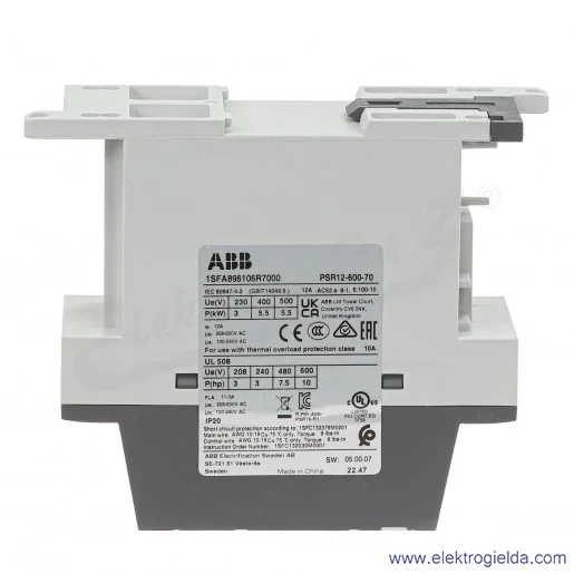 Softstart 1SFA896106R7000, PSR12-600-70, 5.5KW, 208...600VAC, 12A, montaż DIN Softstart 1SFA896106R7000, PSR12-600-70, 5.5KW, 208...600VAC, 12A, montaż DIN