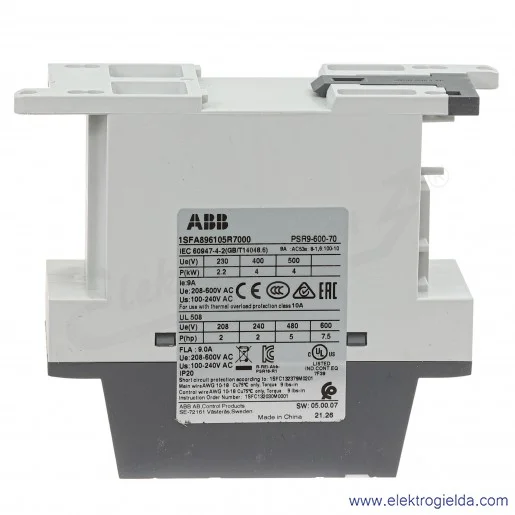 Softstart 1SFA896105R7000, PSR9-600-70, 4KW, 208...600VAC, 9A, montaż DIN Softstart 1SFA896105R7000, PSR9-600-70, 4KW, 208...600VAC, 9A, montaż DIN