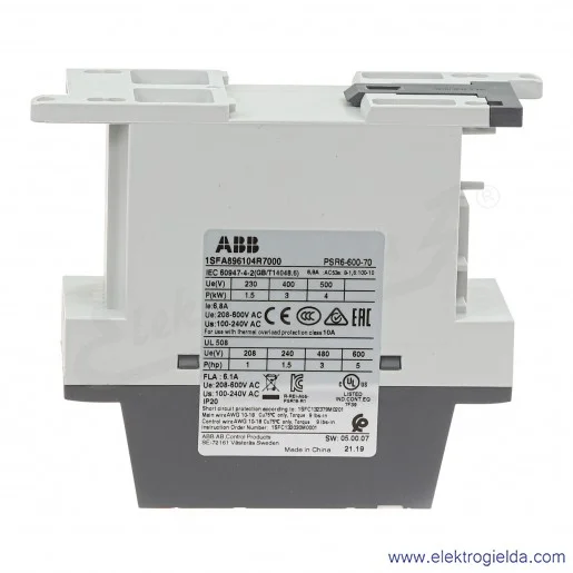 Softstart 1SFA896104R7000, PSR6-600-70, 3KW, 208...600VAC, 6.8A, montaż DIN Softstart 1SFA896104R7000, PSR6-600-70, 3KW, 208...600VAC, 6.8A, montaż DIN