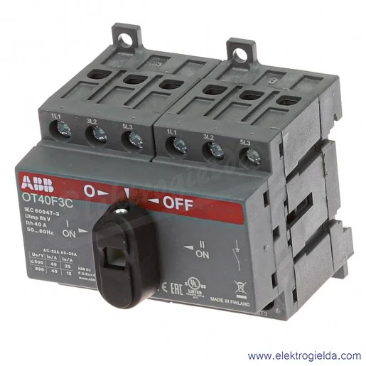 Przełącznik zasilania 1SCA104913R1001, OT40F3C, 1-0-2, 3P, 40A, bez wałka i dźwigni Przełącznik zasilania 1SCA104913R1001, OT40F3C, 1-0-2, 3P, 40A, bez wałka i dźwigni