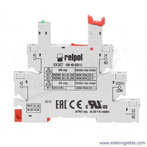 Gniazdo z zaciskami śrubowymi 2615818 6W-48-60V-U do przekaźników RM699BV i RSR30, montaż DIN Gniazdo z zaciskami śrubowymi 2615818 6W-48-60V-U do przekaźników RM699BV i RSR30, montaż DIN
