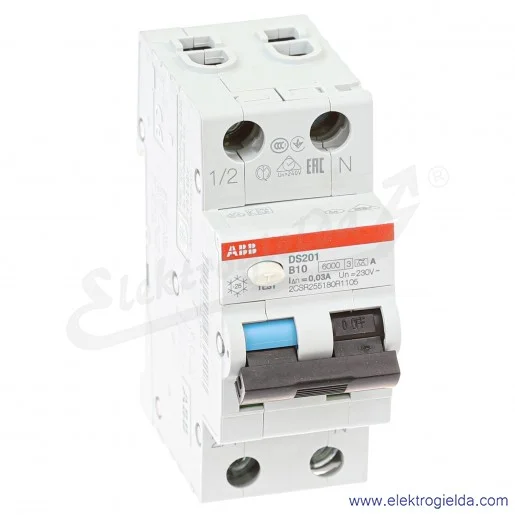 Wyłącznik różnicowo-nadprądowy 2CSR255180R1105, DS201 B10 A30, 2P, 10A, B 0,03A, typ A Wyłącznik różnicowo-nadprądowy 2CSR255180R1105, DS201 B10 A30, 2P, 10A, B 0,03A, typ A