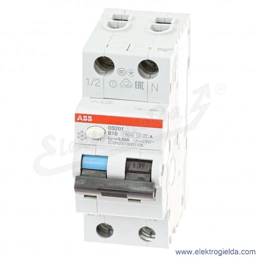Wyłącznik różnicowo-nadprądowy 2CSR255180R1105, DS201 B10 A30, 2P, 10A, B 0,03A, typ A Wyłącznik różnicowo-nadprądowy 2CSR255180R1105, DS201 B10 A30, 2P, 10A, B 0,03A, typ A