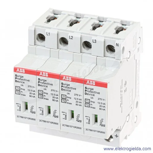 Ogranicznik przepięć 2CTB815710R2300, OVR T1-T2 4L 12.5-275s P QS, 4P, 230..400VAC, 80kA, montaż DIN Ogranicznik przepięć 2CTB815710R2300, OVR T1-T2 4L 12.5-275s P QS, 4P, 230..400VAC, 80kA, montaż DIN