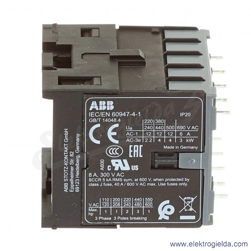 Stycznik GJL1211009R8100, B63010P, 3P, 3NO+1NO, 230VAC, 4kW, 20A, 690VAC, 250VDC Stycznik GJL1211009R8100, B63010P, 3P, 3NO+1NO, 230VAC, 4kW, 20A, 690VAC, 250VDC