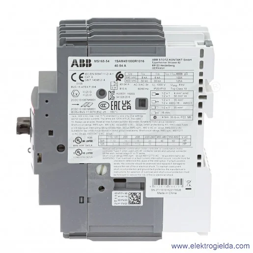 Wyłącznik silnikowy MS165-54 Termomagnetyczny 40-54A 3P 22kW Wyłącznik silnikowy MS165-54 Termomagnetyczny 40-54A 3P 22kW