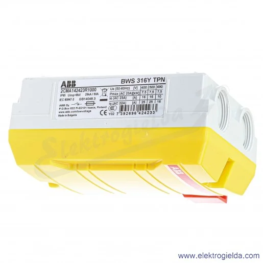 Rozłącznik bezpieczeństwa 2CMA142423R1000, BWS316YTPN, 16A, 3P, 7.5kW, w obudowie, IP65, żółty z czerwoną dźwignią Rozłącznik bezpieczeństwa 2CMA142423R1000, BWS316YTPN, 16A, 3P, 7.5kW, w obudowie, IP65, żółty z czerwoną dźwignią