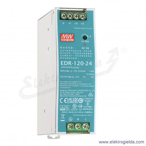 Zasilacz impulsowy EDR-120-24 zasilanie 90-264VAC lub124-370VDC, wyjście 24V 5A 120W Zasilacz impulsowy EDR-120-24 zasilanie 90-264VAC lub124-370VDC, wyjście 24V 5A 120W
