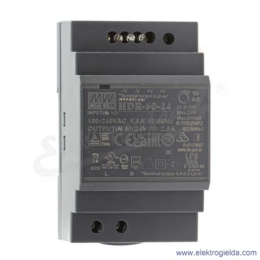 Zasilacz HDR-60-24 zasilanie 85-264VAC lub 120-370VDC, wyjście 24V 2.5A 60W Zasilacz HDR-60-24 zasilanie 85-264VAC lub 120-370VDC, wyjście 24V 2.5A 60W