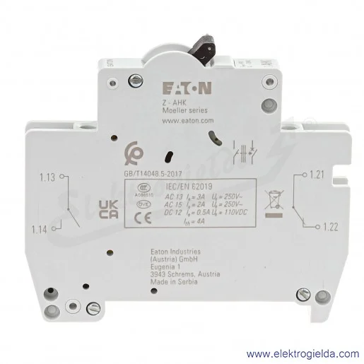Styk pomocniczy 248433, Z-AHK, 1NO1NC, 230VAC, montaż z lewej strony, 3A Styk pomocniczy 248433, Z-AHK, 1NO1NC, 230VAC, montaż z lewej strony, 3A