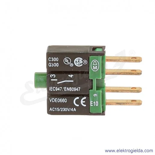 Styk pomocniczy 090351, E10, 1NO, z diodą zieloną Styk pomocniczy 090351, E10, 1NO, z diodą zieloną