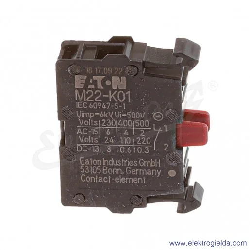 Styk pomocniczy 216378, M22-K01, 1NC, 6A, montaż czołowy Styk pomocniczy 216378, M22-K01, 1NC, 6A, montaż czołowy