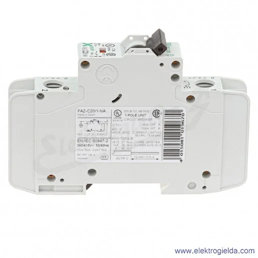 Wyłącznik nadprądowy 102091, FAZ-C20/1-NA, 1+N, typ C, 20A, 15kA, 230VAC Wyłącznik nadprądowy 102091, FAZ-C20/1-NA, 1+N, typ C, 20A, 15kA, 230VAC