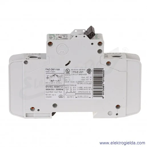 Wyłącznik nadprądowy 102104, FAZ-D6/1-NA, 1P, typ D, 6A, 15kA, 400VAC Wyłącznik nadprądowy 102104, FAZ-D6/1-NA, 1P, typ D, 6A, 15kA, 400VAC