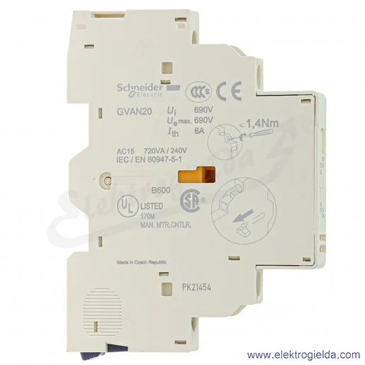 Blok styków pomocniczych GVAN20, 2NO, montaż boczny, zaciski śrubowe Blok styków pomocniczych GVAN20, 2NO, montaż boczny, zaciski śrubowe