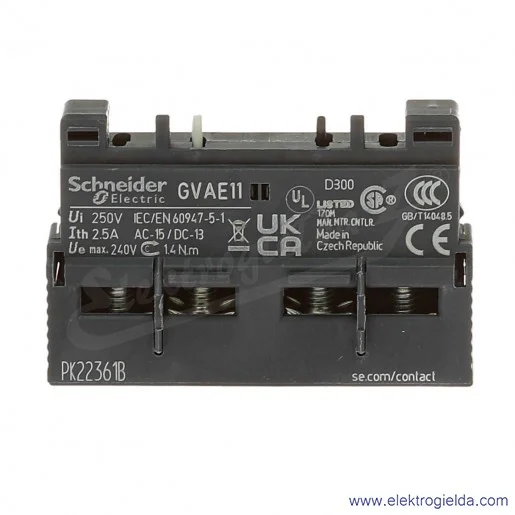 Blok styków pomocniczych GVAE11, 1NO+1NC montaż górny, zaciski śrubowe Blok styków pomocniczych GVAE11, 1NO+1NC montaż górny, zaciski śrubowe