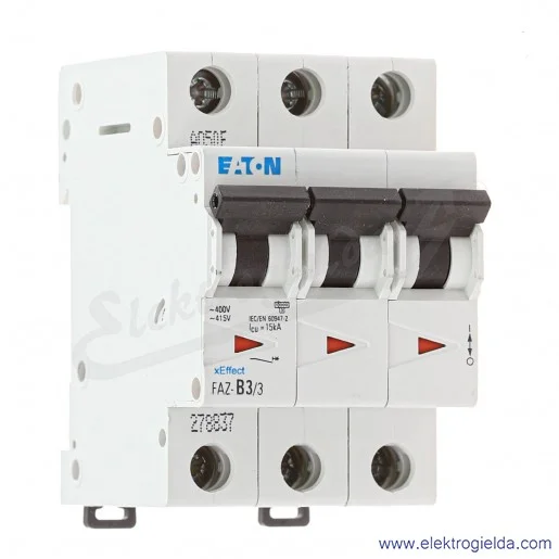 Wyłącznik nadprądowy 278837, FAZ-B3/3, 3P, typ B, 3A, 15kA Wyłącznik nadprądowy 278837, FAZ-B3/3, 3P, typ B, 3A, 15kA