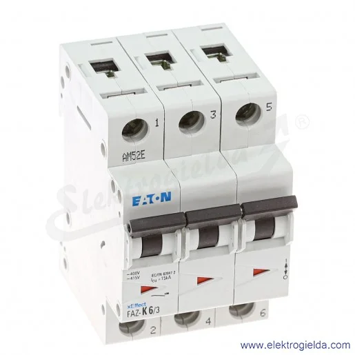 Wyłącznik nadprądowy 278907, FAZ K6/3, 3P, typ K, 6A, 15kA, ze wskaźnikiem optycznym Wyłącznik nadprądowy 278907, FAZ K6/3, 3P, typ K, 6A, 15kA, ze wskaźnikiem optycznym