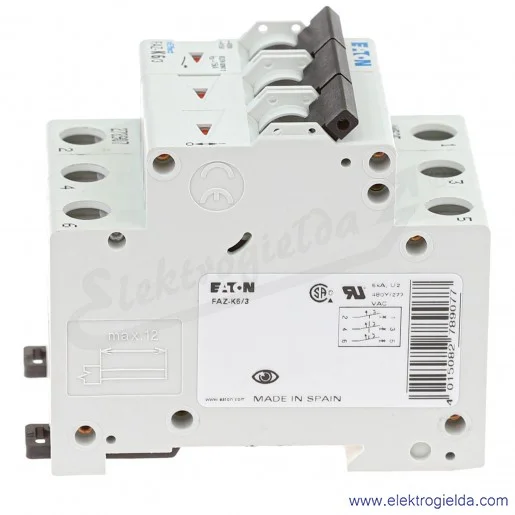 Wyłącznik nadprądowy 278907, FAZ K6/3, 3P, typ K, 6A, 15kA, ze wskaźnikiem optycznym Wyłącznik nadprądowy 278907, FAZ K6/3, 3P, typ K, 6A, 15kA, ze wskaźnikiem optycznym