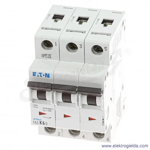 Wyłącznik nadprądowy 278907, FAZ K6/3, 3P, typ K, 6A, 15kA, ze wskaźnikiem optycznym Wyłącznik nadprądowy 278907, FAZ K6/3, 3P, typ K, 6A, 15kA, ze wskaźnikiem optycznym