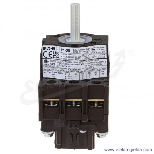 Łącznik krzywkowy 041097, P1-25/EA/SVB, 0-1, 3P, 25A, 7.5kW, do wbudowania Łącznik krzywkowy 041097, P1-25/EA/SVB, 0-1, 3P, 25A, 7.5kW, do wbudowania