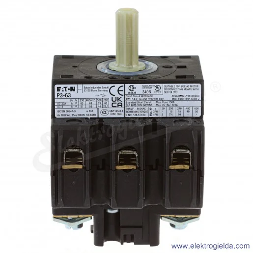 Łącznik krzywkowy 031607, P3-63/EA/SVB, 3P, 0-1, 63A, 30kW, do wbudowania Łącznik krzywkowy 031607, P3-63/EA/SVB, 3P, 0-1, 63A, 30kW, do wbudowania