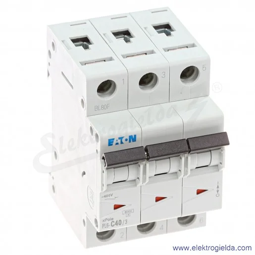 Wyłącznik nadprądowy 286605, PL6-C40/3, 3P, typ C, 40A, 6kA, AC, IP20 Wyłącznik nadprądowy 286605, PL6-C40/3, 3P, typ C, 40A, 6kA, AC, IP20