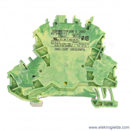 Złączka ochronna 2002-2207 2.5mm2 dwupiętrowa żółto-zielona 4-przewodowa z mostkowaniem wewnętrznym Złączka ochronna 2002-2207 2.5mm2 dwupiętrowa żółto-zielona 4-przewodowa z mostkowaniem wewnętrznym