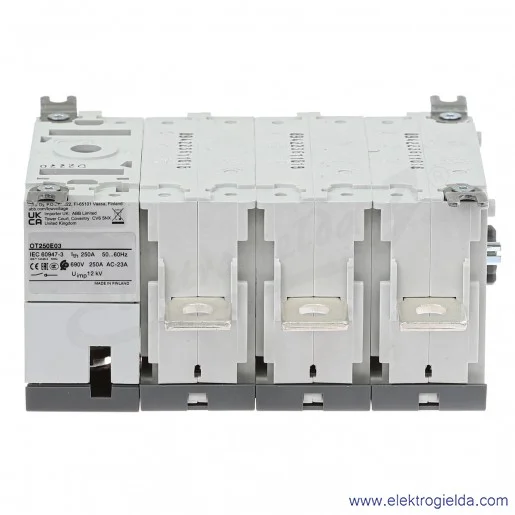 Rozłącznik izolacyjny OT250E03P 250A 3P napęd z przodu, z wałkiem i czarną rączką IP65, montaż na płycie montażowej Rozłącznik izolacyjny OT250E03P 250A 3P napęd z przodu, z wałkiem i czarną rączką IP65, montaż na płycie montażowej