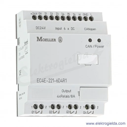 Moduł rozszerzenia 114296, EC4E-221-6D4R1, CANopen, 6 wejść cyfrowych, 4 wyjścia przekaźnikowe, 24VDC Moduł rozszerzenia 114296, EC4E-221-6D4R1, CANopen, 6 wejść cyfrowych, 4 wyjścia przekaźnikowe, 24VDC