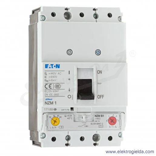 Wyłącznik mocy kompaktowy 259077, NZMB1-A63 3P, 63A, 25kA, zaciski ramowe, dźwignia czarna Wyłącznik mocy kompaktowy 259077, NZMB1-A63 3P, 63A, 25kA, zaciski ramowe, dźwignia czarna