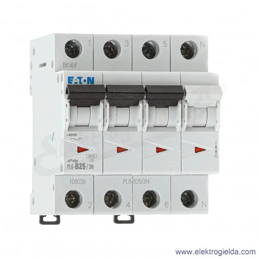 Wyłącznik nadprądowy 106039, PL6-B25/3N, 3P+N, 25A, typ B, IP20 Wyłącznik nadprądowy 106039, PL6-B25/3N, 3P+N, 25A, typ B, IP20