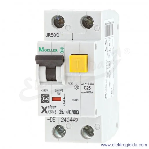 Wyłącznik różnicowoprądowy 241449, CKN6-25/1N/C/003 z członem nadprądowym, 1+N, 25A, typ C, prąd różnicowy 0.03A AC 230V Wyłącznik różnicowoprądowy 241449, CKN6-25/1N/C/003 z członem nadprądowym, 1+N, 25A, typ C, prąd różnicowy 0.03A AC 230V