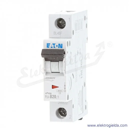 Wyłącznik nadprądowy 286522, PL6-B20/1, 1P, typ B, 20A, 6kA, AC, IP20 Wyłącznik nadprądowy 286522, PL6-B20/1, 1P, typ B, 20A, 6kA, AC, IP20