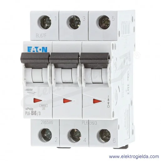 Wyłącznik nadprądowy 286586, PL6-B6/3, 3P, typ B, 6A, 6kA, AC, IP20 Wyłącznik nadprądowy 286586, PL6-B6/3, 3P, typ B, 6A, 6kA, AC, IP20
