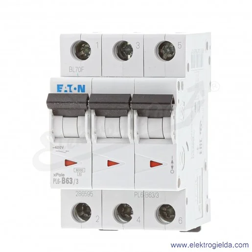 Wyłącznik nadprądowy PL6-B63/3, 3P, typ B, 63A, czułość AC, 6kA Wyłącznik nadprądowy PL6-B63/3, 3P, typ B, 63A, czułość AC, 6kA