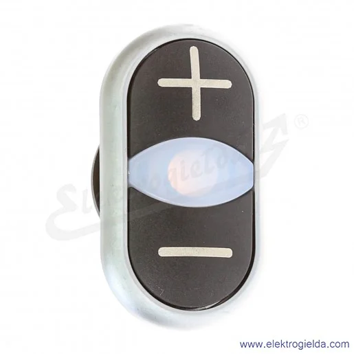 Napęd przycisku 218145, M22-DDL-S-X4/X5, czarny podwójny, + i -, z podświetleniem, samopowrotny, IP66 Napęd przycisku 218145, M22-DDL-S-X4/X5, czarny podwójny, + i -, z podświetleniem, samopowrotny, IP66