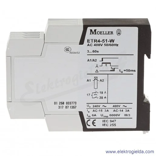 Przekaźnik czasowy 031885, ETR4-51-W, 2-60s, 400VAC, 3A, 2 styki przełączne Przekaźnik czasowy 031885, ETR4-51-W, 2-60s, 400VAC, 3A, 2 styki przełączne