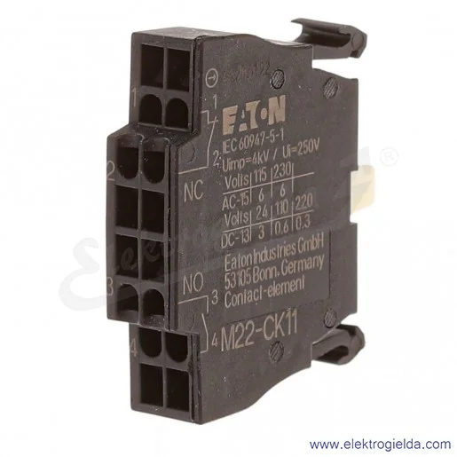 Styk 107940 M22-CK11, 1NO1NC, 6A, montaż czołowy Styk 107940 M22-CK11, 1NO1NC, 6A, montaż czołowy