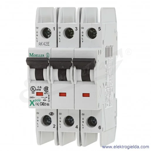 Wyłącznik nadprądowy 102256, FAZ-C40/3-NA, 3P, typ C, 40A, 480VAC, 15kA, IP20 Wyłącznik nadprądowy 102256, FAZ-C40/3-NA, 3P, typ C, 40A, 480VAC, 15kA, IP20