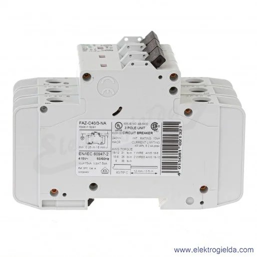 Wyłącznik nadprądowy 102256, FAZ-C40/3-NA, 3P, typ C, 40A, 480VAC, 15kA, IP20 Wyłącznik nadprądowy 102256, FAZ-C40/3-NA, 3P, typ C, 40A, 480VAC, 15kA, IP20